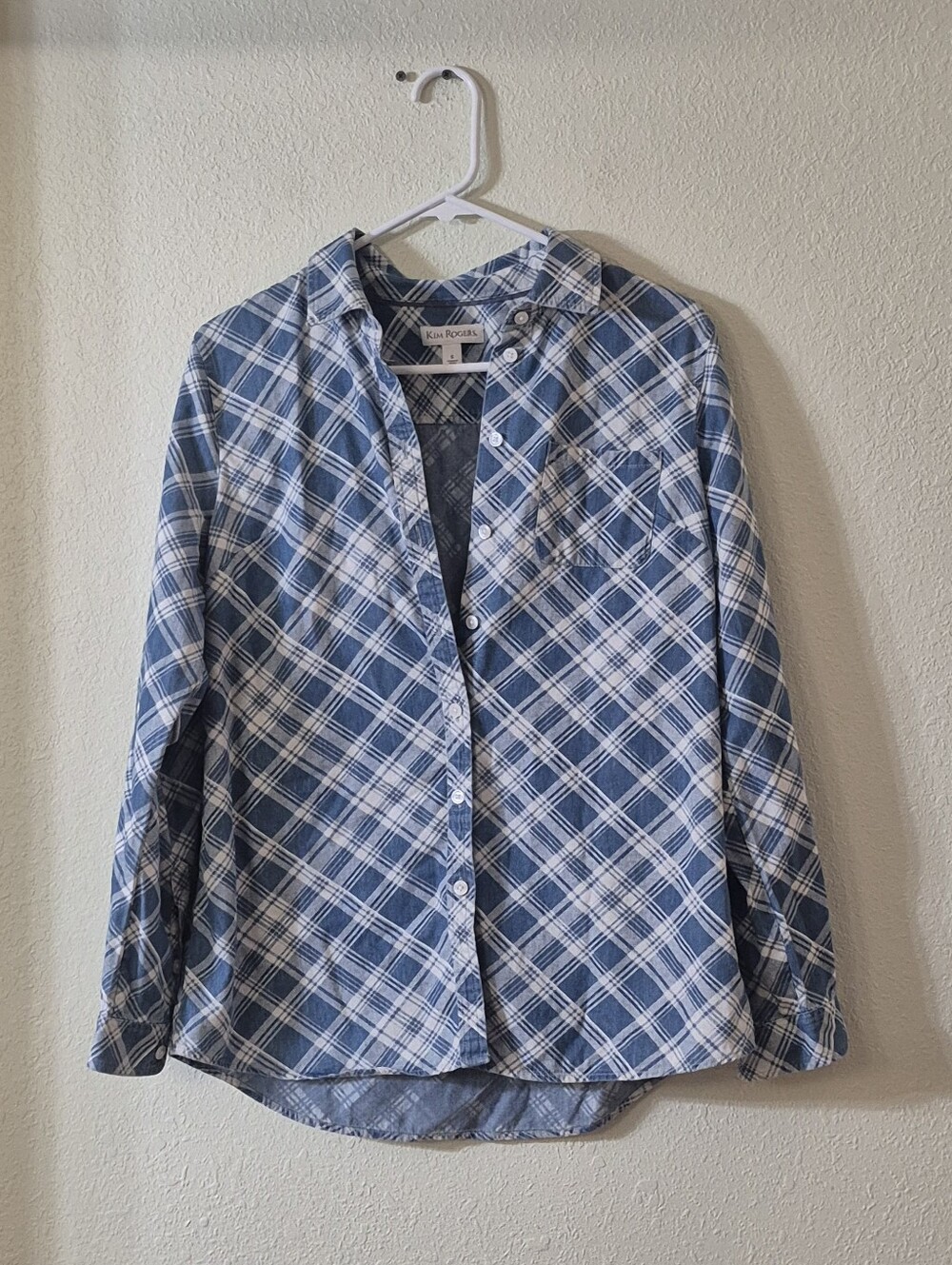 Kim Rogers Blue and White Plaid Denim Shirt Jacket